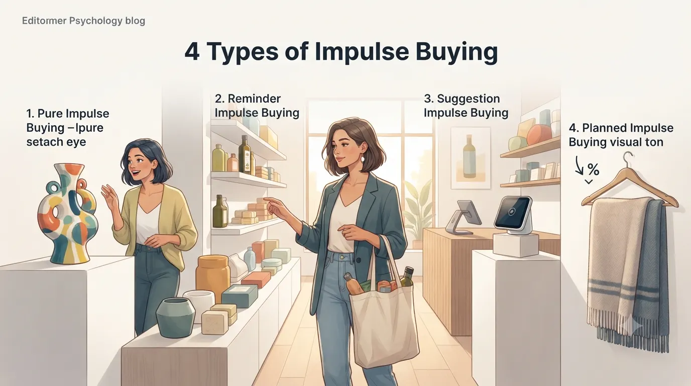4 Types of Impulse Buying: Pure, Reminder, Suggestion & Planned - Mindful Spending & Impulse Buying Illustration
