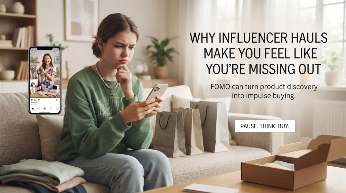 Why Influencer Hauls Make You Feel Like You're Missing Out - Mindful Spending & Impulse Buying Illustration