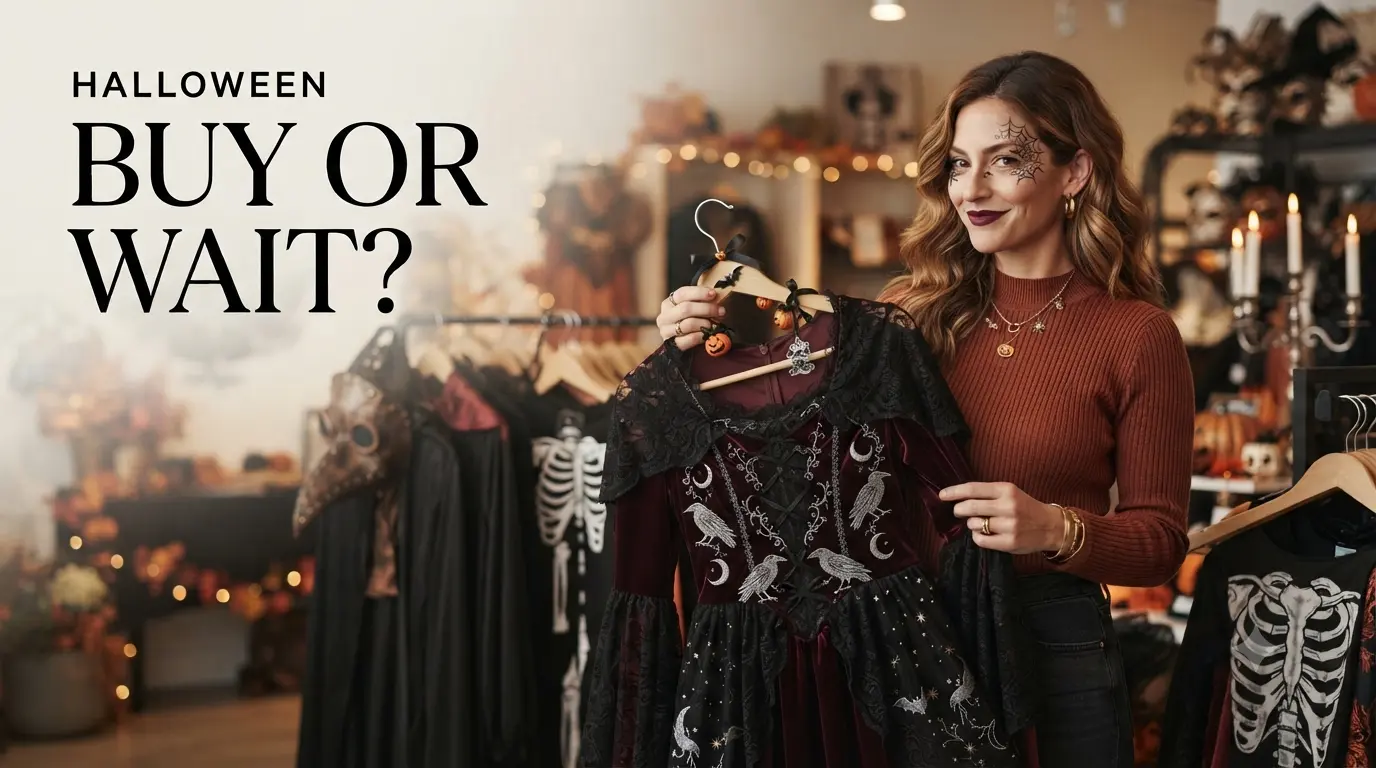Halloween Costume Shopping: Buy, Wait, Borrow, or Rent? - Mindful Spending & Impulse Buying Illustration